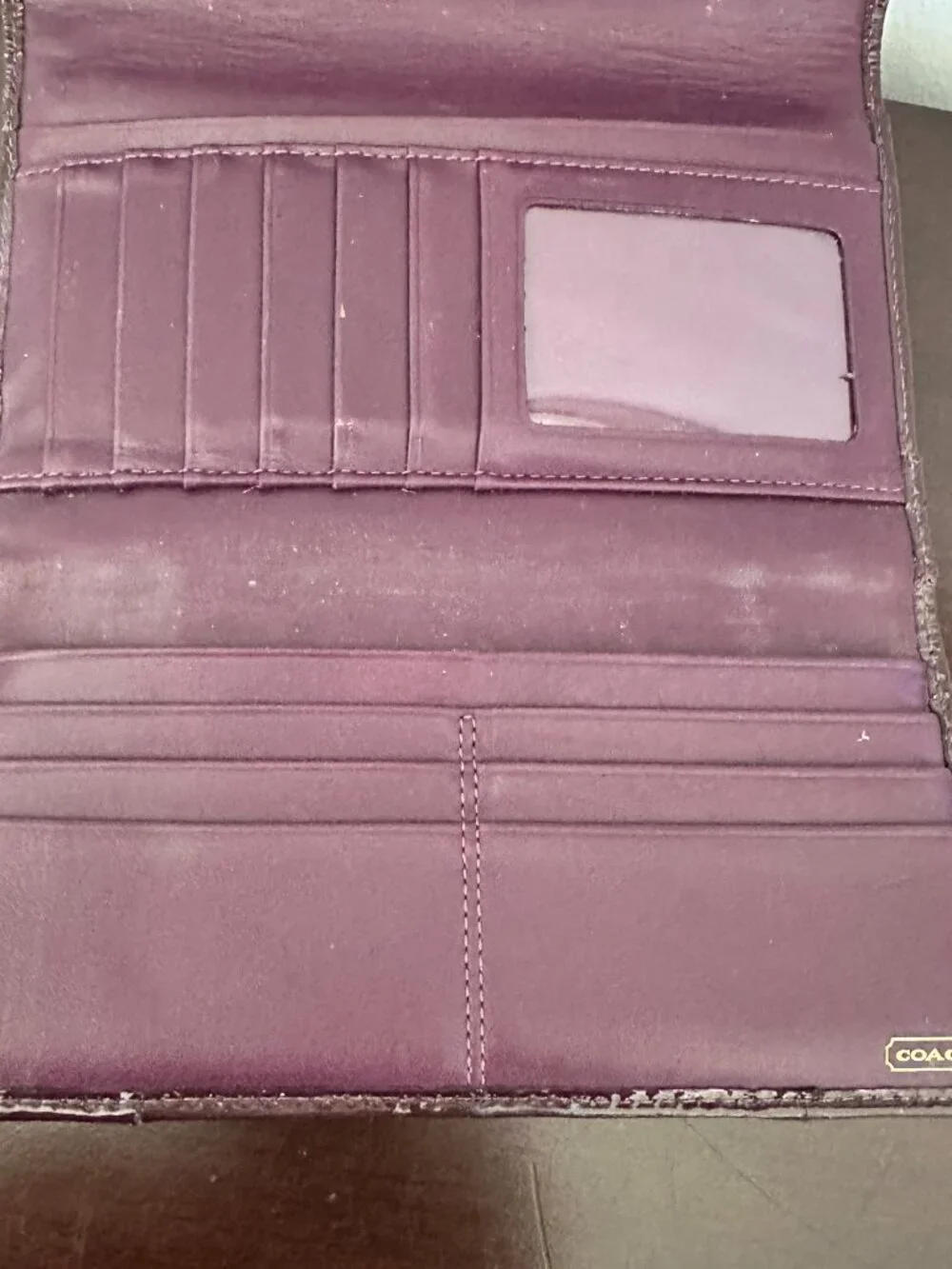 Coach Madison Burgundy Patent Leather Trifold Wallet With Check Book
